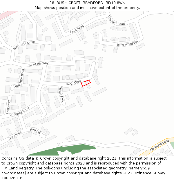 18, RUSH CROFT, BRADFORD, BD10 8WN: Location map and indicative extent of plot