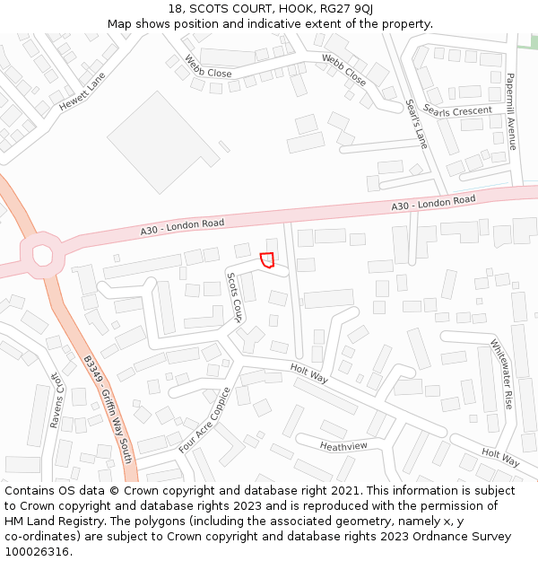 18, SCOTS COURT, HOOK, RG27 9QJ: Location map and indicative extent of plot