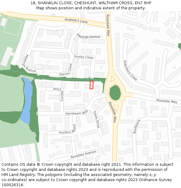 18, SHANKLIN CLOSE, CHESHUNT, WALTHAM CROSS, EN7 6HF: Location map and indicative extent of plot