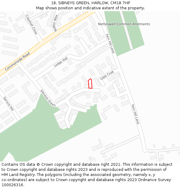 18, SIBNEYS GREEN, HARLOW, CM18 7HP: Location map and indicative extent of plot