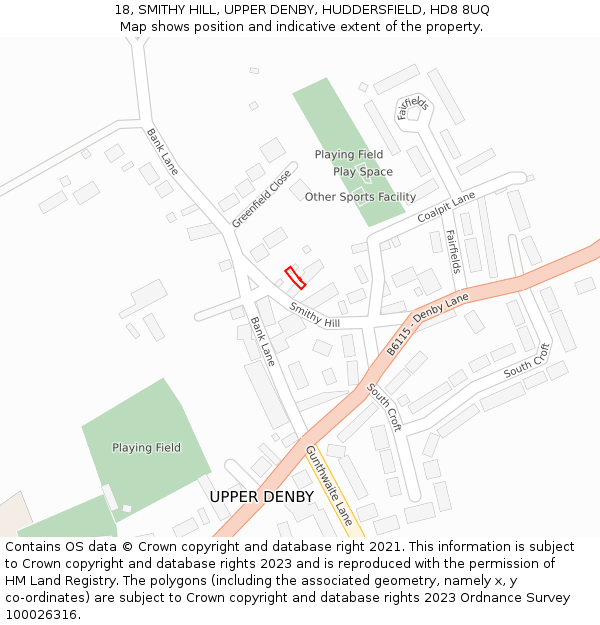 18, SMITHY HILL, UPPER DENBY, HUDDERSFIELD, HD8 8UQ: Location map and indicative extent of plot