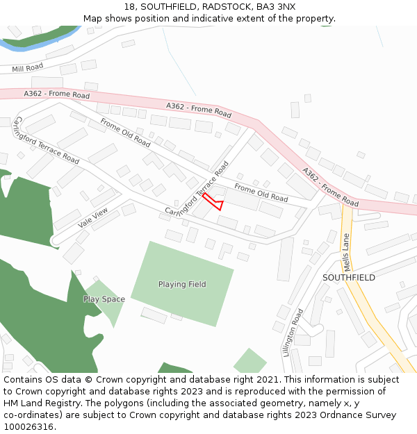 18, SOUTHFIELD, RADSTOCK, BA3 3NX: Location map and indicative extent of plot
