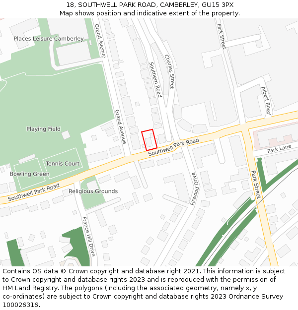 18, SOUTHWELL PARK ROAD, CAMBERLEY, GU15 3PX: Location map and indicative extent of plot