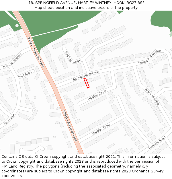 18, SPRINGFIELD AVENUE, HARTLEY WINTNEY, HOOK, RG27 8SF: Location map and indicative extent of plot