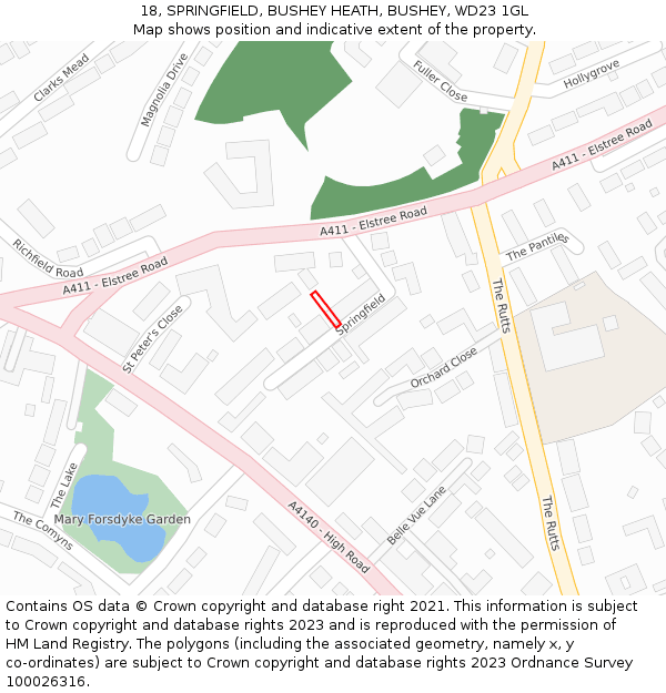 18, SPRINGFIELD, BUSHEY HEATH, BUSHEY, WD23 1GL: Location map and indicative extent of plot