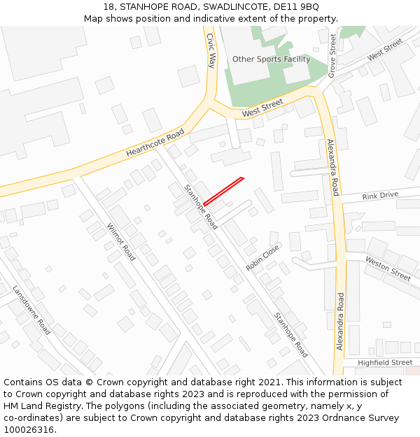 18, STANHOPE ROAD, SWADLINCOTE, DE11 9BQ: Location map and indicative extent of plot