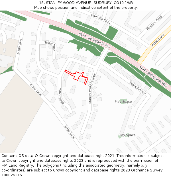 18, STANLEY WOOD AVENUE, SUDBURY, CO10 1WB: Location map and indicative extent of plot