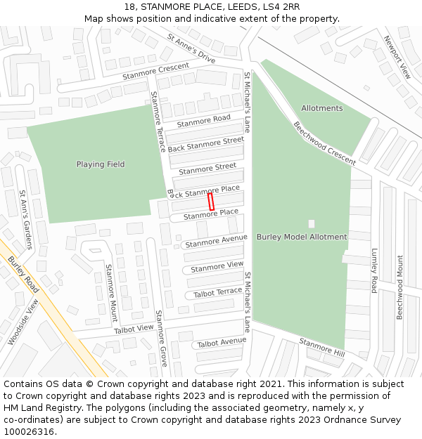 18, STANMORE PLACE, LEEDS, LS4 2RR: Location map and indicative extent of plot
