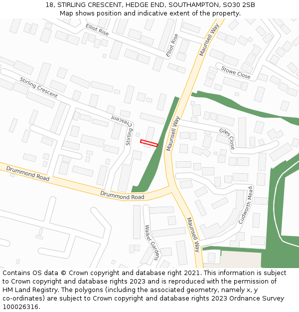 18, STIRLING CRESCENT, HEDGE END, SOUTHAMPTON, SO30 2SB: Location map and indicative extent of plot