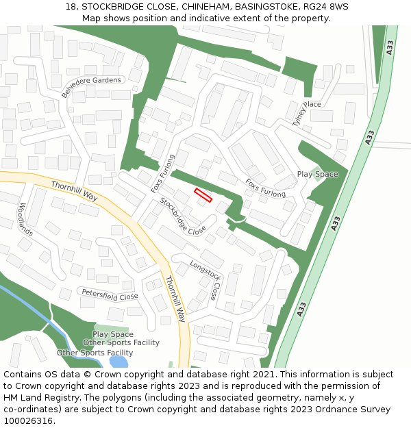 18, STOCKBRIDGE CLOSE, CHINEHAM, BASINGSTOKE, RG24 8WS: Location map and indicative extent of plot
