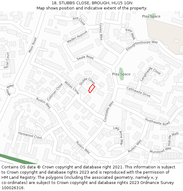 18, STUBBS CLOSE, BROUGH, HU15 1GN: Location map and indicative extent of plot