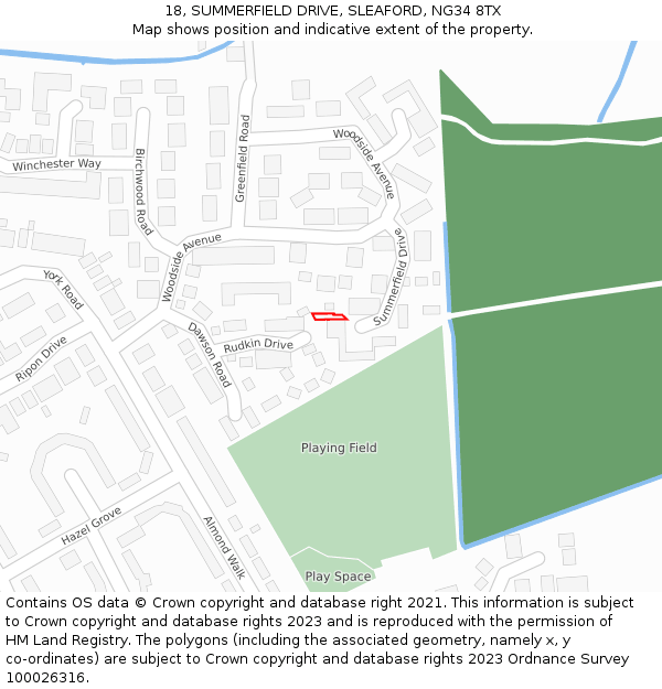 18, SUMMERFIELD DRIVE, SLEAFORD, NG34 8TX: Location map and indicative extent of plot