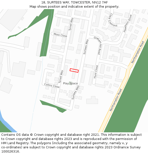 18, SURTEES WAY, TOWCESTER, NN12 7AF: Location map and indicative extent of plot