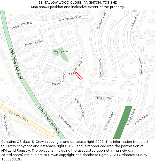18, TALLOW WOOD CLOSE, PAIGNTON, TQ3 3HD: Location map and indicative extent of plot