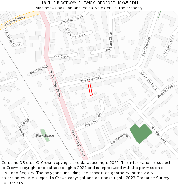 18, THE RIDGEWAY, FLITWICK, BEDFORD, MK45 1DH: Location map and indicative extent of plot