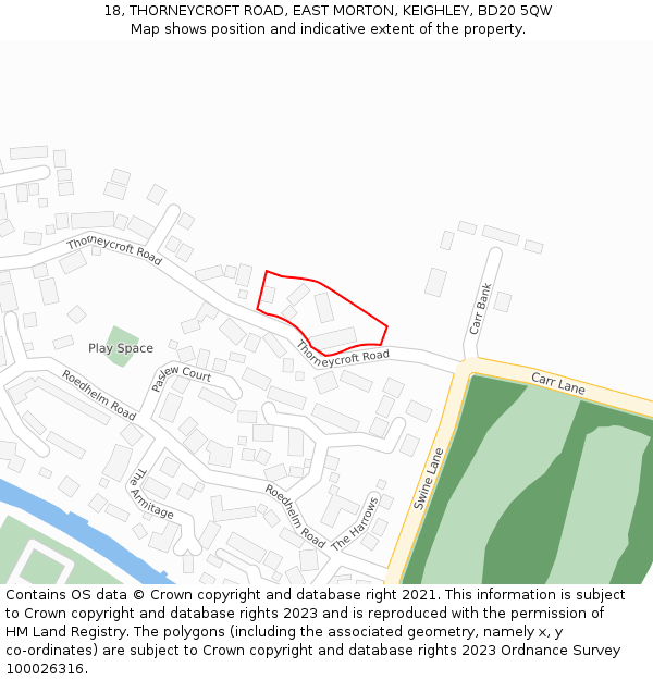 18, THORNEYCROFT ROAD, EAST MORTON, KEIGHLEY, BD20 5QW: Location map and indicative extent of plot