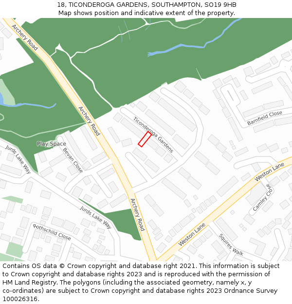 18, TICONDEROGA GARDENS, SOUTHAMPTON, SO19 9HB: Location map and indicative extent of plot