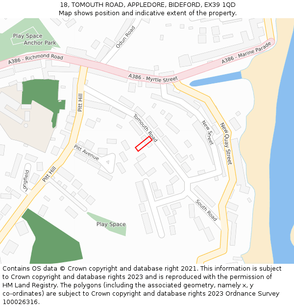 18, TOMOUTH ROAD, APPLEDORE, BIDEFORD, EX39 1QD: Location map and indicative extent of plot