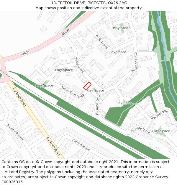 18, TREFOIL DRIVE, BICESTER, OX26 3AG: Location map and indicative extent of plot