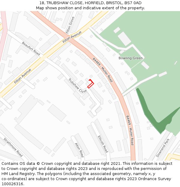 18, TRUBSHAW CLOSE, HORFIELD, BRISTOL, BS7 0AD: Location map and indicative extent of plot