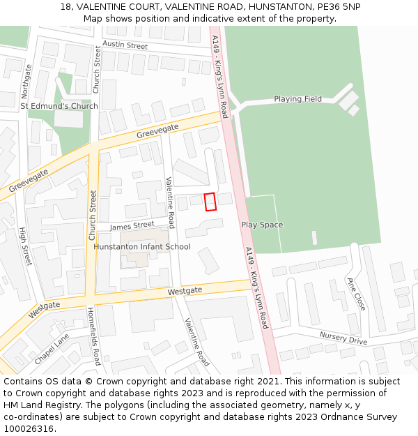 18, VALENTINE COURT, VALENTINE ROAD, HUNSTANTON, PE36 5NP: Location map and indicative extent of plot