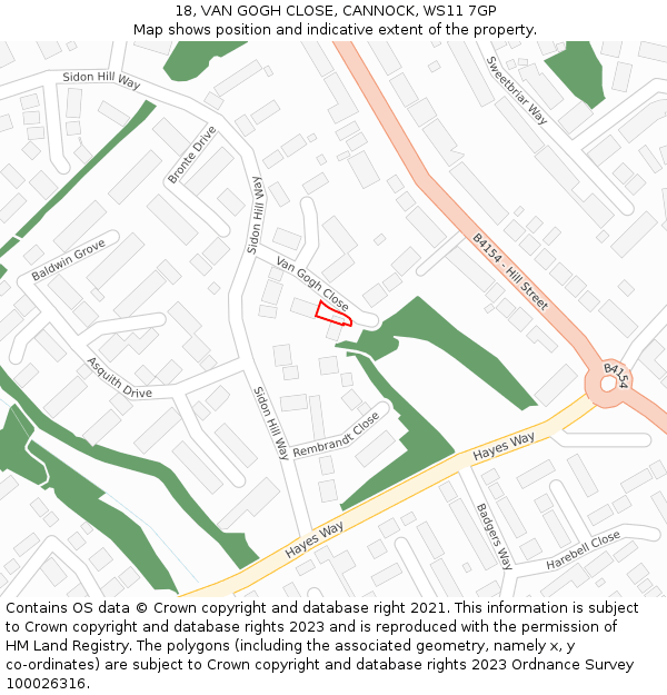 18, VAN GOGH CLOSE, CANNOCK, WS11 7GP: Location map and indicative extent of plot