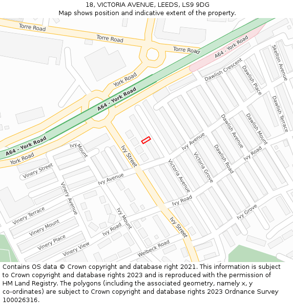 18, VICTORIA AVENUE, LEEDS, LS9 9DG: Location map and indicative extent of plot