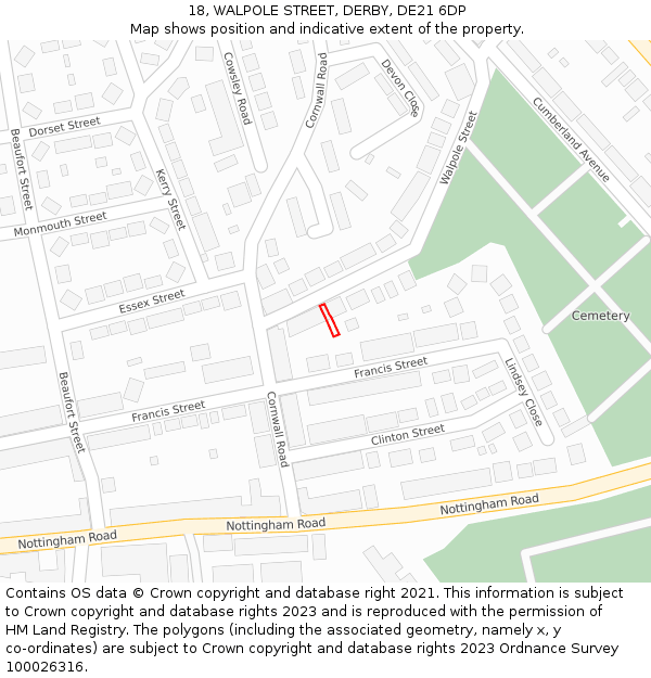 18, WALPOLE STREET, DERBY, DE21 6DP: Location map and indicative extent of plot