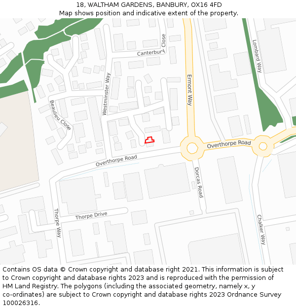 18, WALTHAM GARDENS, BANBURY, OX16 4FD: Location map and indicative extent of plot