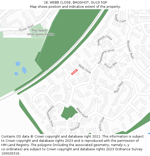 18, WEBB CLOSE, BAGSHOT, GU19 5QP: Location map and indicative extent of plot