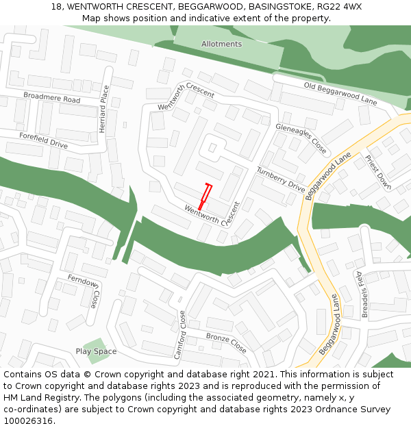 18, WENTWORTH CRESCENT, BEGGARWOOD, BASINGSTOKE, RG22 4WX: Location map and indicative extent of plot