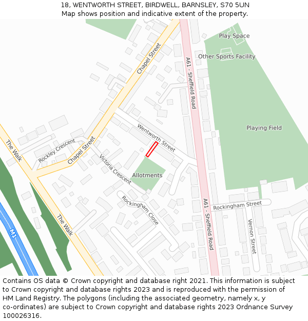 18, WENTWORTH STREET, BIRDWELL, BARNSLEY, S70 5UN: Location map and indicative extent of plot