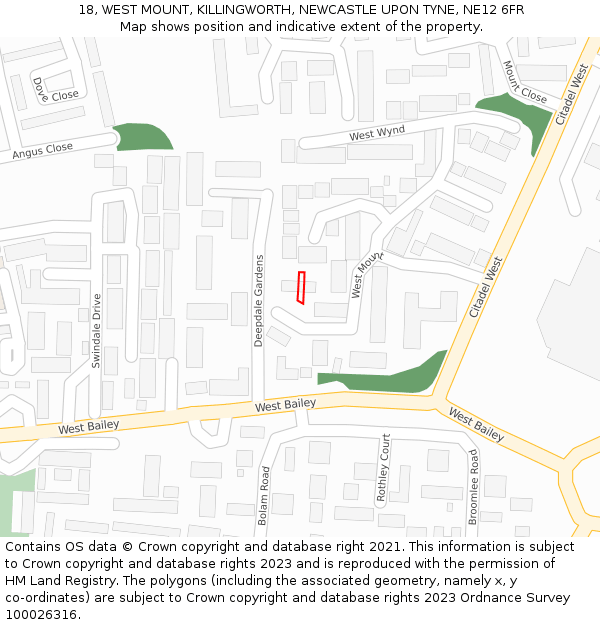 18, WEST MOUNT, KILLINGWORTH, NEWCASTLE UPON TYNE, NE12 6FR: Location map and indicative extent of plot