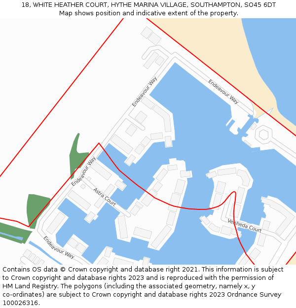 18, WHITE HEATHER COURT, HYTHE MARINA VILLAGE, SOUTHAMPTON, SO45 6DT: Location map and indicative extent of plot