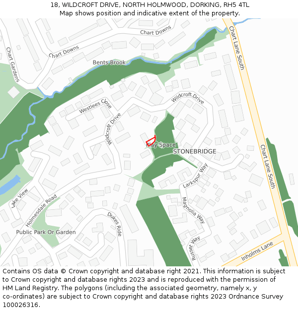 18, WILDCROFT DRIVE, NORTH HOLMWOOD, DORKING, RH5 4TL: Location map and indicative extent of plot