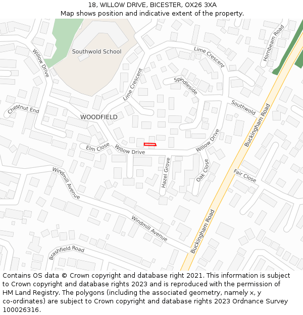 18, WILLOW DRIVE, BICESTER, OX26 3XA: Location map and indicative extent of plot
