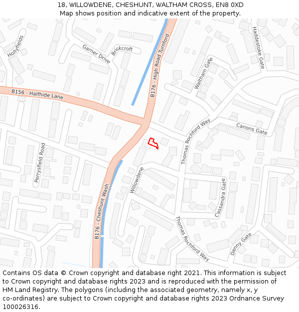 18, WILLOWDENE, CHESHUNT, WALTHAM CROSS, EN8 0XD: Location map and indicative extent of plot