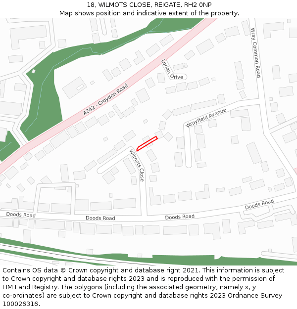 18, WILMOTS CLOSE, REIGATE, RH2 0NP: Location map and indicative extent of plot