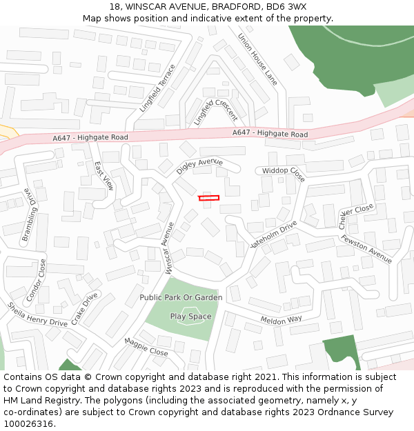 18, WINSCAR AVENUE, BRADFORD, BD6 3WX: Location map and indicative extent of plot