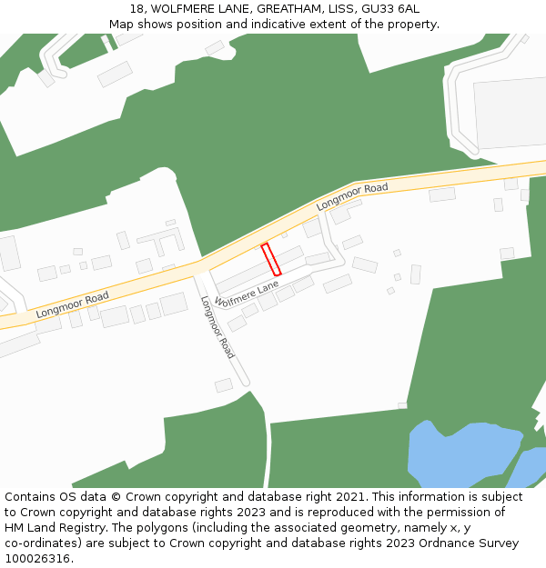 18, WOLFMERE LANE, GREATHAM, LISS, GU33 6AL: Location map and indicative extent of plot