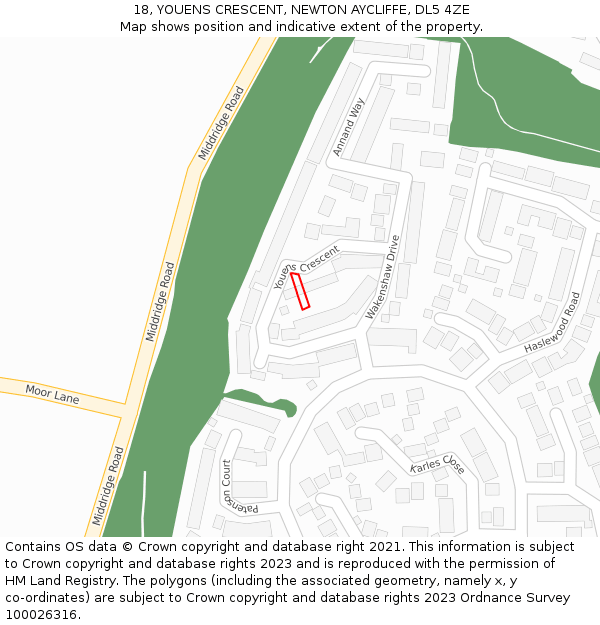 18, YOUENS CRESCENT, NEWTON AYCLIFFE, DL5 4ZE: Location map and indicative extent of plot