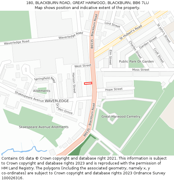 180, BLACKBURN ROAD, GREAT HARWOOD, BLACKBURN, BB6 7LU: Location map and indicative extent of plot