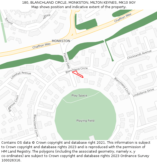 180, BLANCHLAND CIRCLE, MONKSTON, MILTON KEYNES, MK10 9GY: Location map and indicative extent of plot