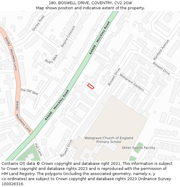 180, BOSWELL DRIVE, COVENTRY, CV2 2GW: Location map and indicative extent of plot