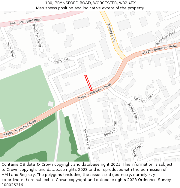 180, BRANSFORD ROAD, WORCESTER, WR2 4EX: Location map and indicative extent of plot