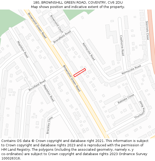 180, BROWNSHILL GREEN ROAD, COVENTRY, CV6 2DU: Location map and indicative extent of plot
