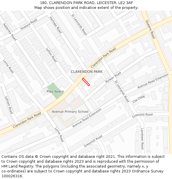 180, CLARENDON PARK ROAD, LEICESTER, LE2 3AF: Location map and indicative extent of plot