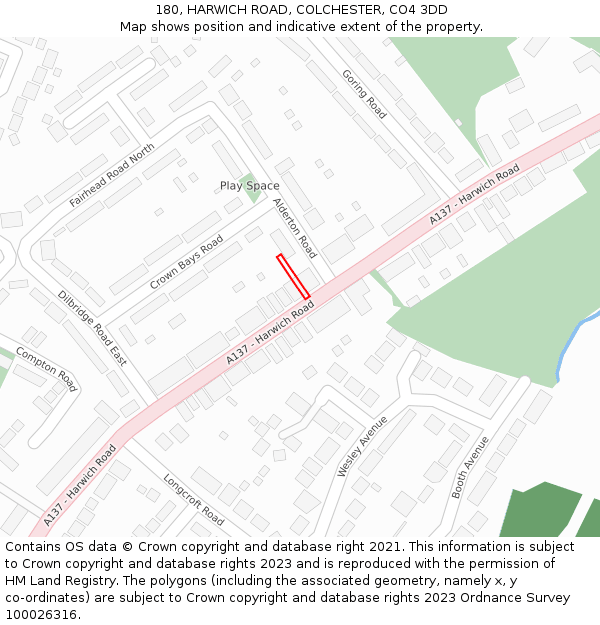 180, HARWICH ROAD, COLCHESTER, CO4 3DD: Location map and indicative extent of plot