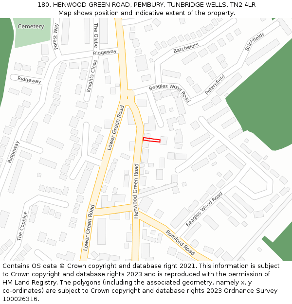 180, HENWOOD GREEN ROAD, PEMBURY, TUNBRIDGE WELLS, TN2 4LR: Location map and indicative extent of plot