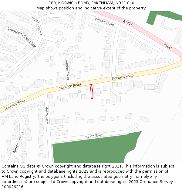 180, NORWICH ROAD, FAKENHAM, NR21 8LX: Location map and indicative extent of plot